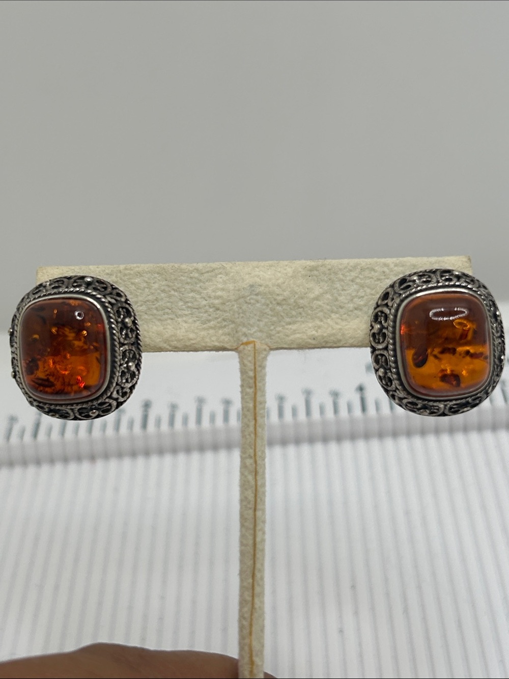 Sterling Silver Amber Cushion Stud Earrings - Warm Amber